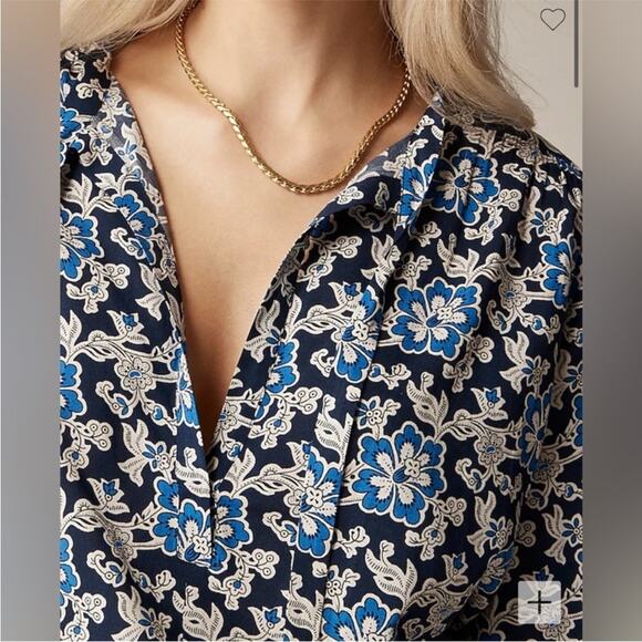 NWT J. Crew Blue V-Neck Tie Top in Floral Cotton-Blend Dobby Small CA589 New - Picture 3 of 16